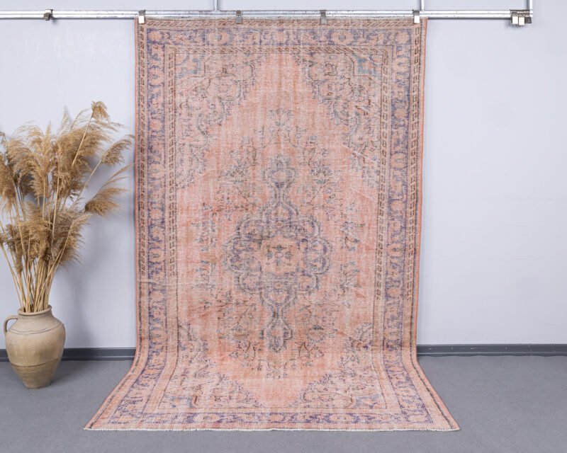 Vintage Salmon Pink Turkish Rug, 5.9x9.2 ft