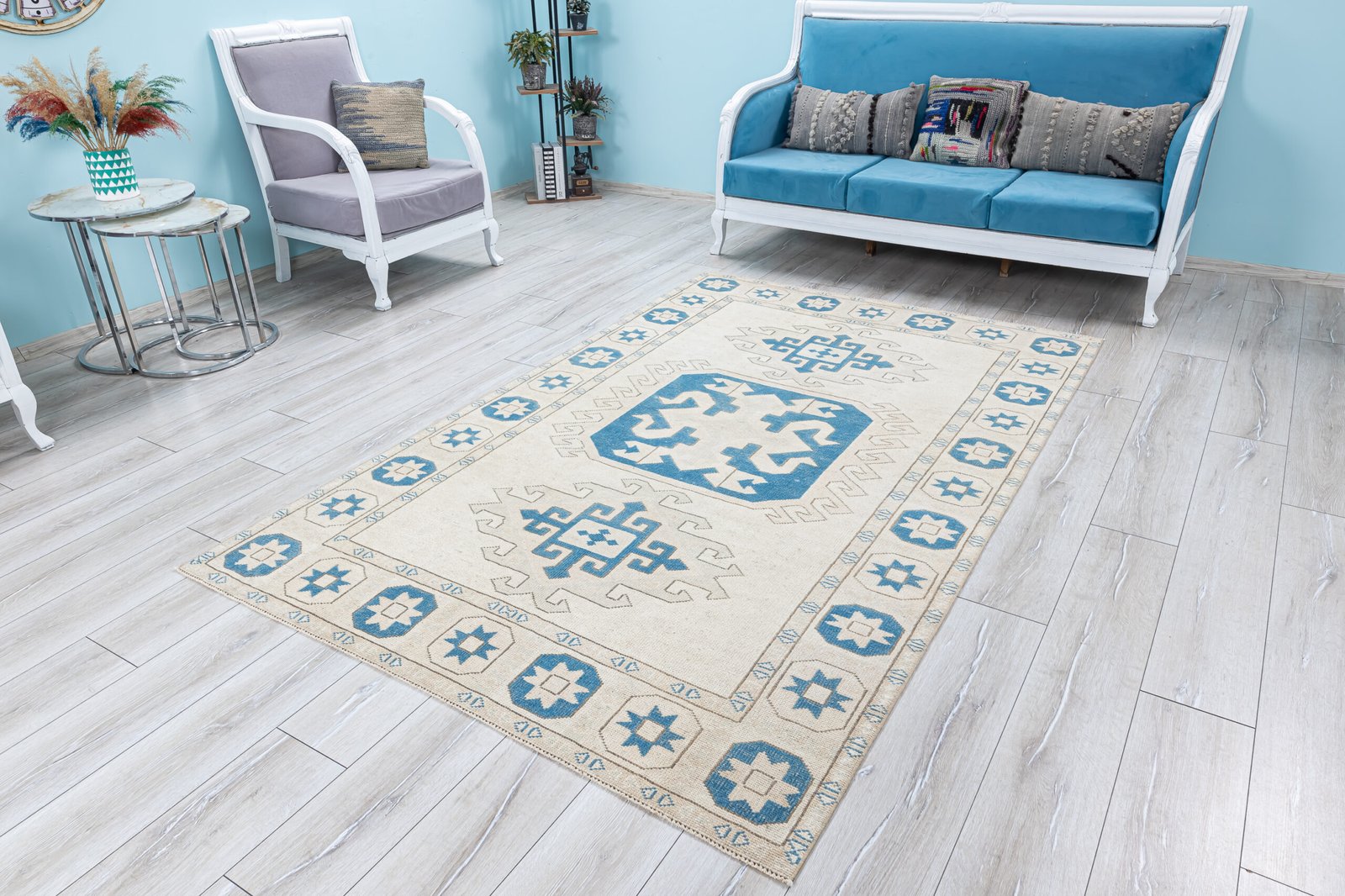 Vintage Area Rug 5x8 Muted Geometric Carpet, Soft Wool Unusual Rug, 5.2x8.1 feet Anatolian Decorative Handmade Rug - detail view 11