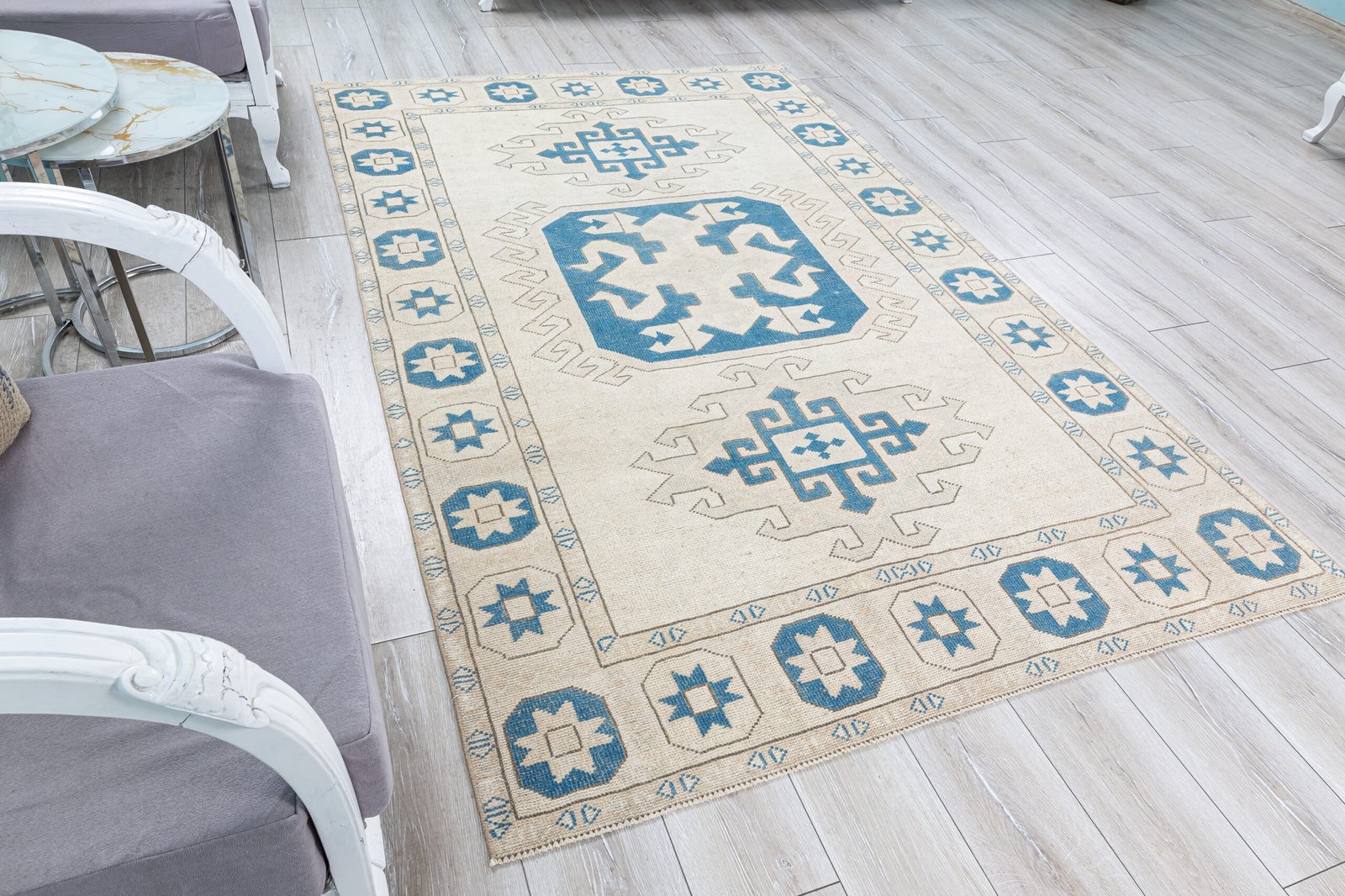 Vintage Area Rug 5x8 Muted Geometric Carpet, Soft Wool Unusual Rug, 5.2x8.1 feet Anatolian Decorative Handmade Rug - detail view 18