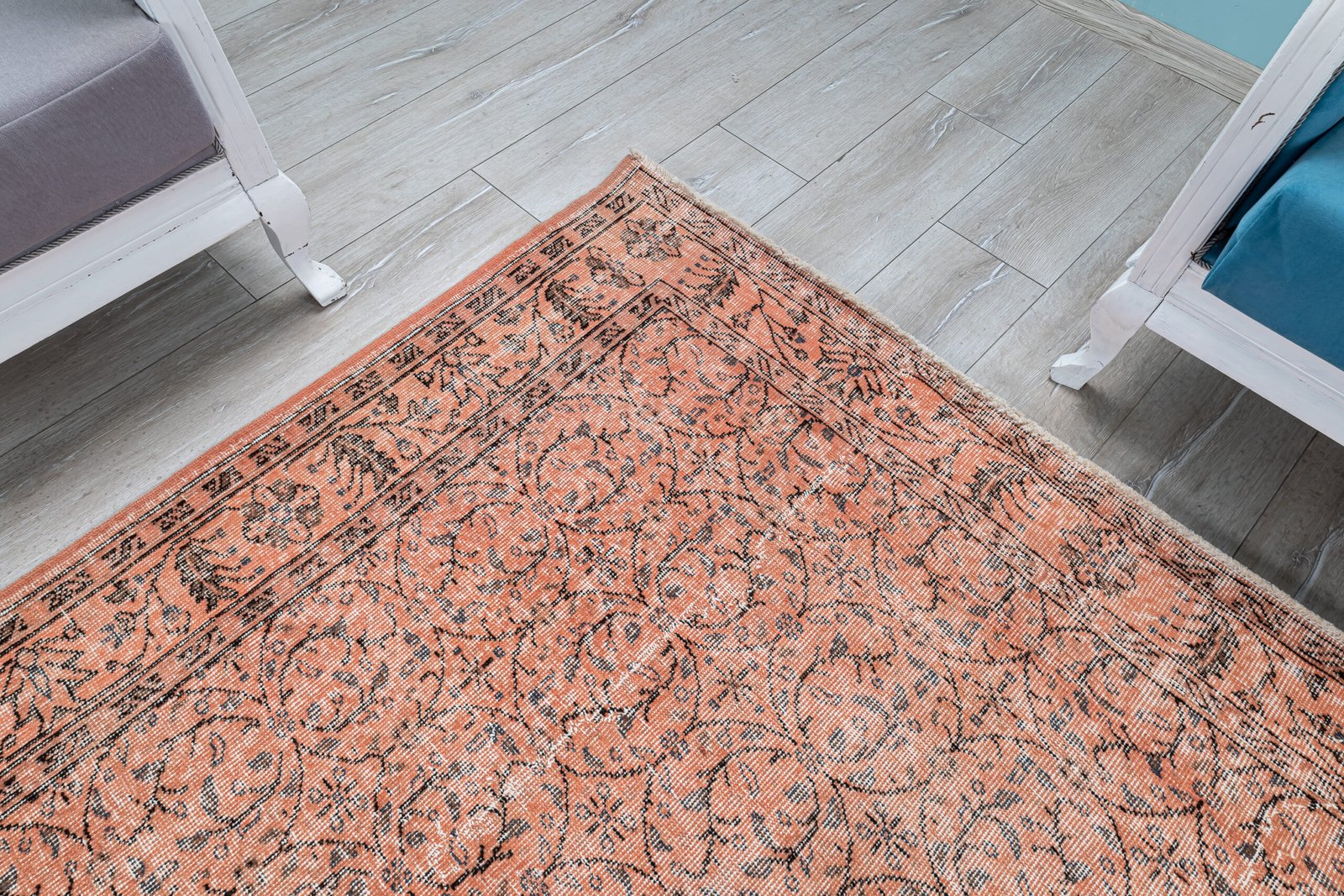 Vintage Turkish Oushak Rug, Pink Carpet Hand-Knotted Wool, Boho Decor - detail view 12