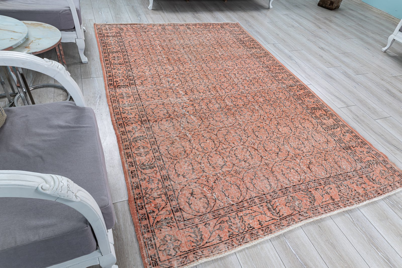 Vintage Turkish Oushak Rug, Pink Carpet Hand-Knotted Wool, Boho Decor - detail view 14