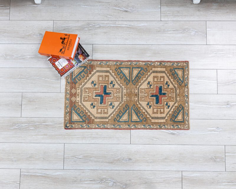 Oushak Mat, Hand Knotted Geometric Turkish Wool Rug – 3x1.7 ft, Faded Brown-Beige - detail view 19
