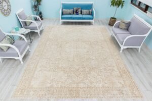 Muted Extra Large Area Rug, 10x13 Neutral Oversized Low Pile Antique Carpet - detail view 2