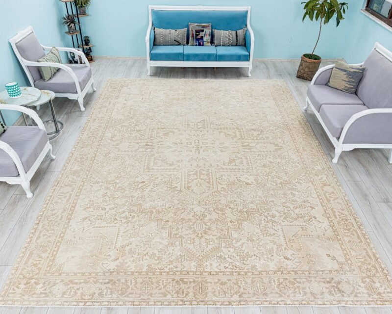 Muted Extra Large Area Rug, 10x13 Neutral Oversized Low Pile Antique Carpet - detail view 2