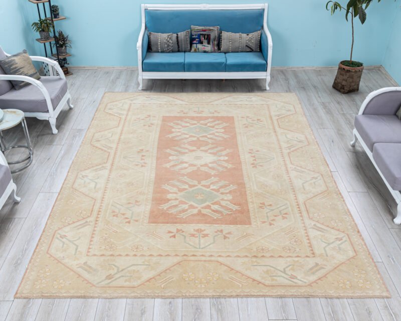 Oversized Faded Geometric Rug, 100% Wool Turkish Decorative Carpet