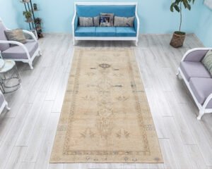 Hand Knotted Wool Runner Rug, Neutral Turkish Oushak, 5.2x10.8 ft - detail view 2