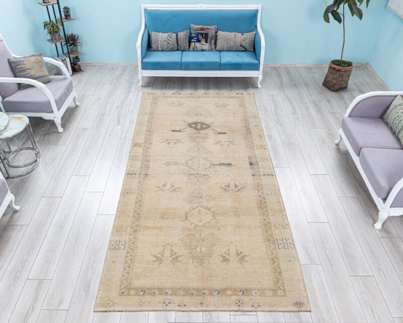 Hand Knotted Wool Runner Rug, Neutral Turkish Oushak, 5.2x10.8 ft - detail view 2