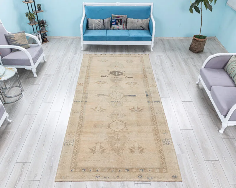 Hand Knotted Wool Runner Rug, Neutral Turkish Oushak, 5.2x10.8 ft - detail view 2