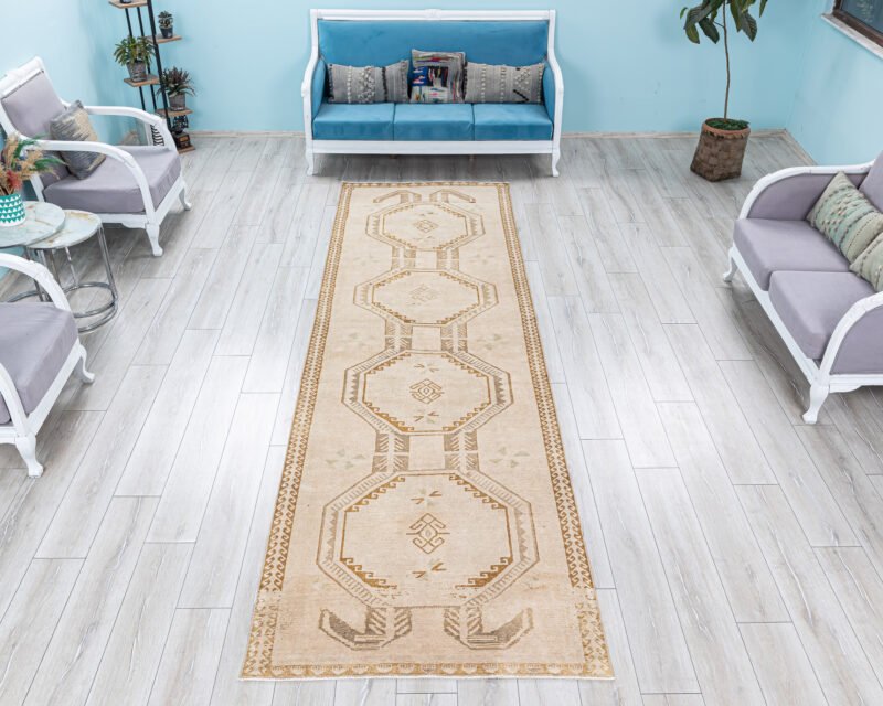 Oushak hallway 4x13 Turkish runner-Neutral Long Runner Carpet-Muted Oriental Unusual Runner for Kitchen, Corridor, Entryway, Stair- 3.9x12.7 ft - detail view 2