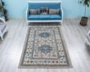 Blue & Cream Vintage Turkish Area Rug – Handwoven Wool Carpet with Geometric Pattern