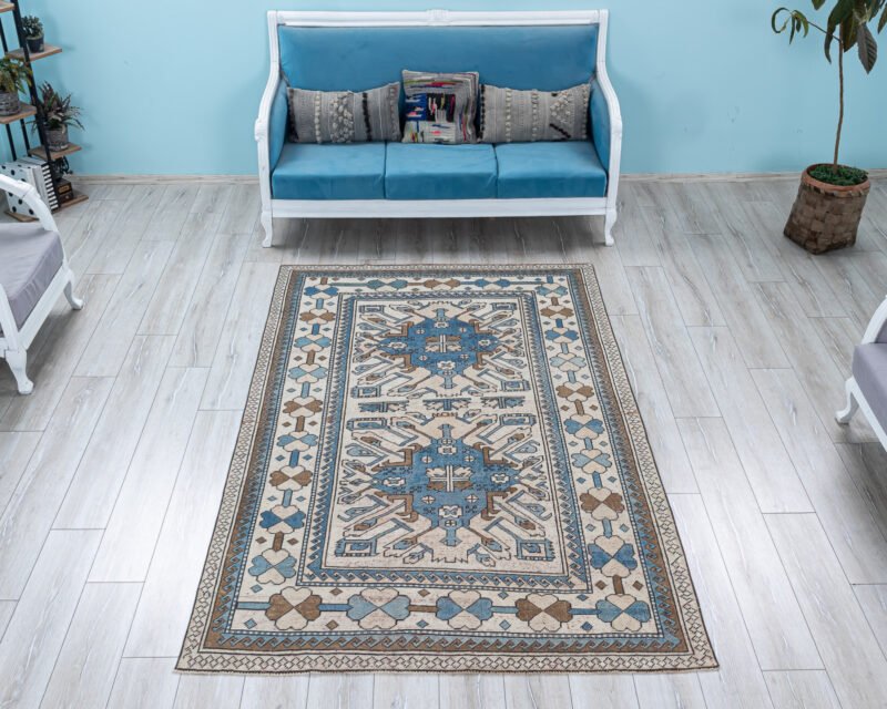 Blue & Cream Vintage Turkish Area Rug – Handwoven Wool Carpet with Geometric Pattern