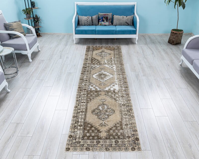 Turkish Antique Runner Rug - Faded Oushak Distressed Unique Hallway - Primitive Kitchen Carpet - detail view 2