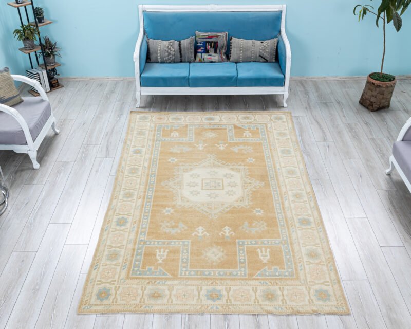 Turkish Soft Wool Rug - 6x9 Oushak geometric modern patterned decorative carpet, 9.1 x 6.2 Feet - detail view 2