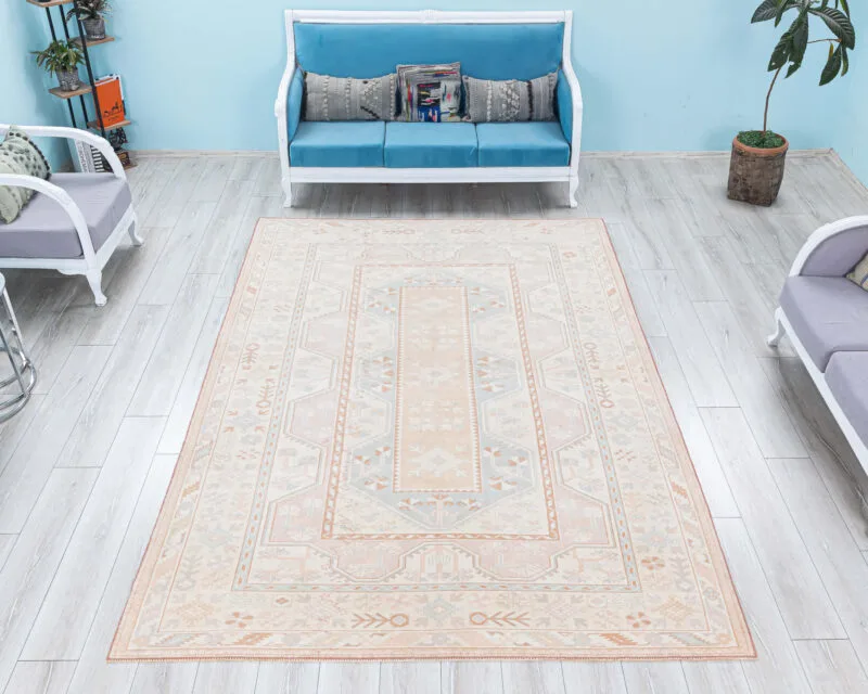 Vintage Turkish Oushak Wool Rug, Muted Geometric Design Area Carpet - detail view 2