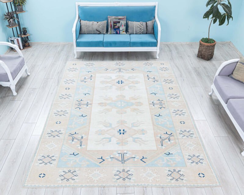 Vintage Geometric Rug 7x10 Turkish Soft Wool Area Rug, Faded Large Area Rug, Pastel Oushak Rug, Handmade Decorative Rug, 7.1x9.6 feet - detail view 2