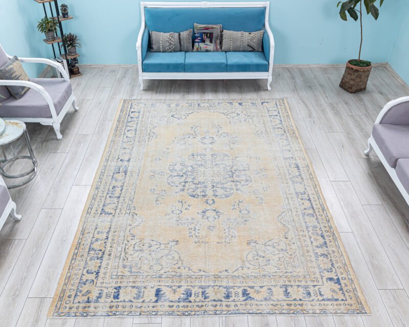 7x10 Breathtaking Antique Oushak Rug, Turkish Beige Blue Medallion Pattern Low Pile Turkish Area Carpet, Anatolian Classic Home Decor Accent - detail view 2