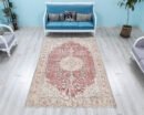Vintage Muted Red Medallion Rug, Unique Pastel Oriental Decorative Carpet