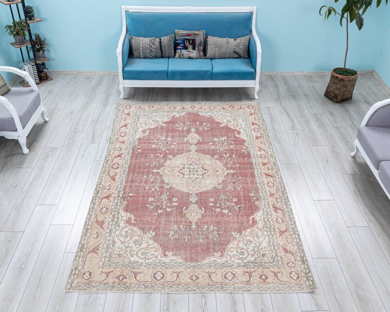 Vintage Muted Red Medallion Rug, Unique Pastel Oriental Decorative Carpet