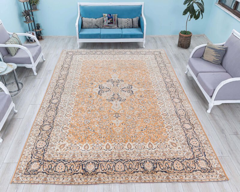 Vintage Turkish Oushak Rug, Hand-Knotted Wool, Muted Orange Beige, Boho Living Room Carpet