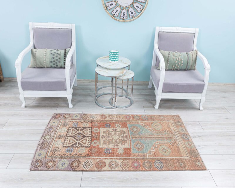 3x5 Turkish Rug 3x6 Vintage Rug, Muted Entry Decor Anatolian rug for Bathroom, Oushak Faded Pink, Beige, Puble, Brown Hallway, 3x5.6 feet - detail view 2