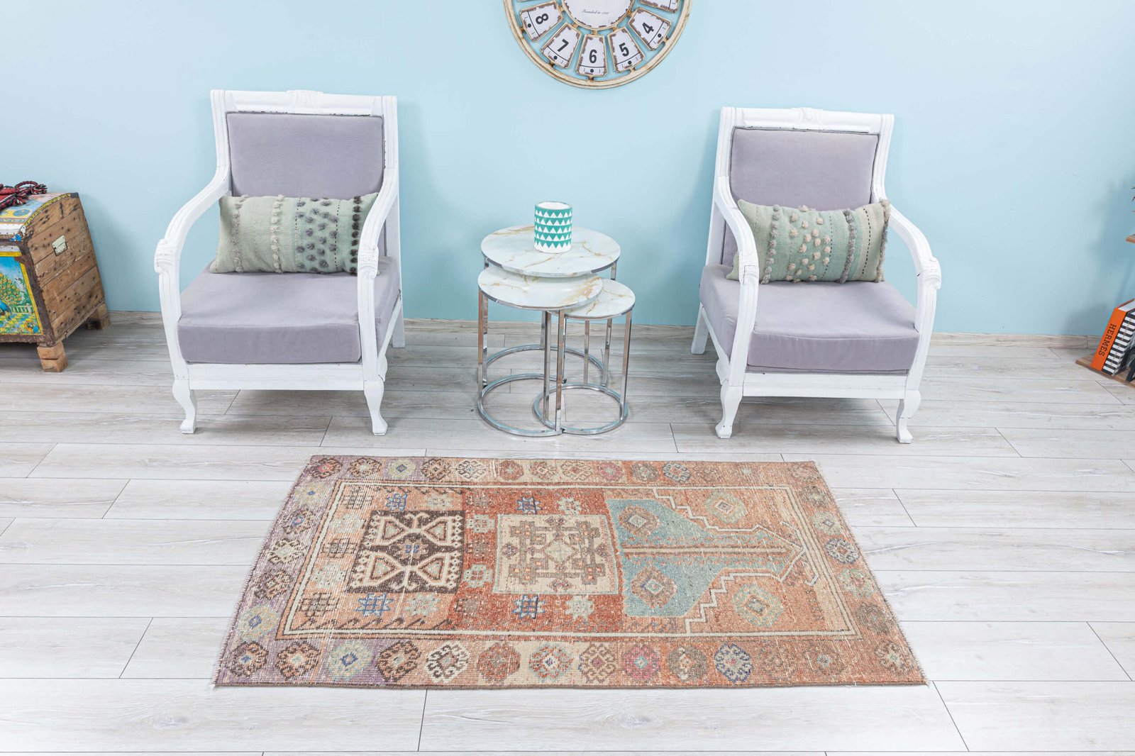 3x5 Turkish Rug 3x6 Vintage Rug, Muted Entry Decor Anatolian rug for Bathroom, Oushak Faded Pink, Beige, Puble, Brown Hallway, 3x5.6 feet - detail view 2