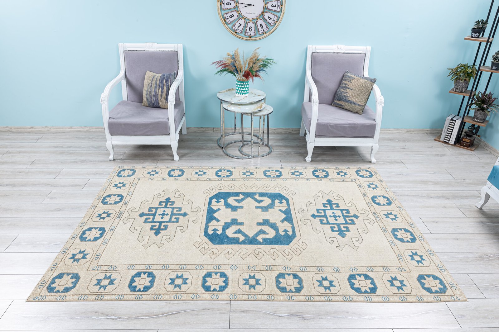 Vintage Area Rug 5x8 Muted Geometric Carpet, Soft Wool Unusual Rug, 5.2x8.1 feet Anatolian Decorative Handmade Rug - detail view 2