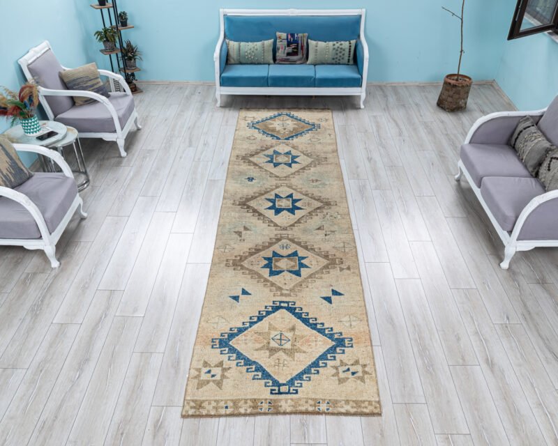 Oushak runner rug,Faded Beige,Brown,Blue