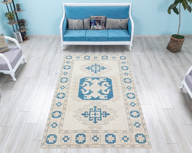 Vintage Area Rug 5x8 Muted Geometric Carpet, Soft Wool Unusual Rug, 5.2x8.1 feet Anatolian Decorative Handmade Rug - detail view 19