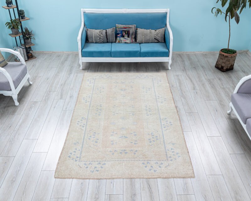 Turkish Rug, Neutral Beige, Blue Oushak Area Carpet, Muted Tan Bohemian Farmhouse Decor