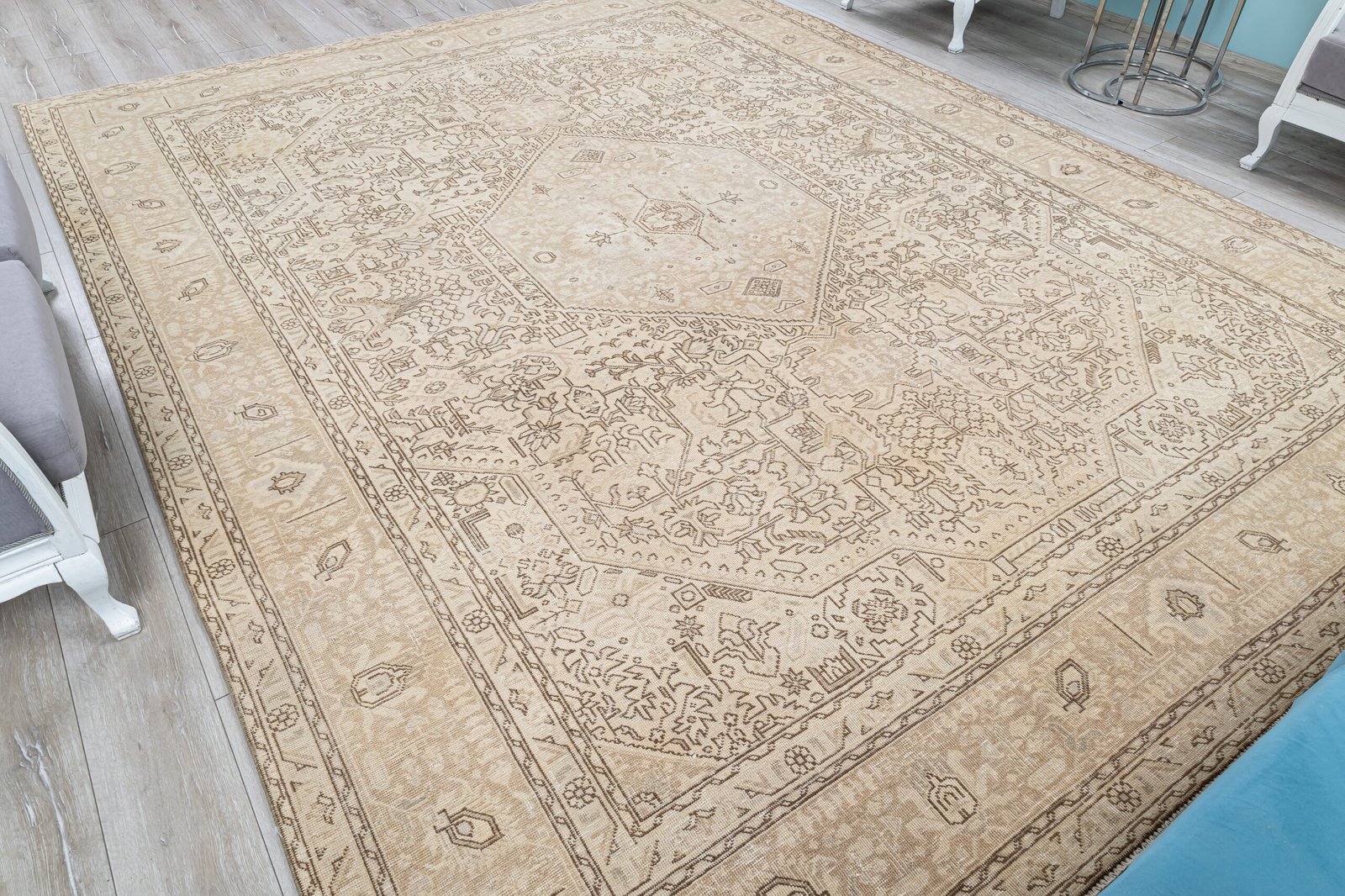 Beige Geometric Area Rug, 10x13 Oversized Muted Turkish Carpet - detail view 15