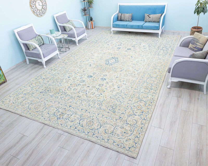 10x16 Oversized Antique Persian Rug, Neutral Ivory, Blue & Brown, 9.8x16.2 ft