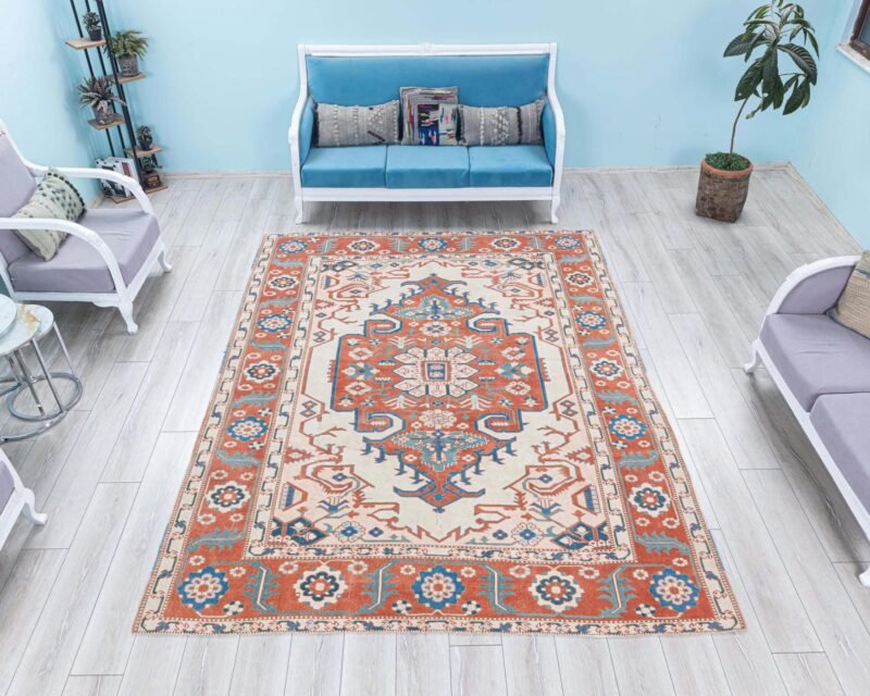 7x10 Heriz Patterned Vintage Area Rug, Turkish Best Quality Persian Rug, Large Turkish Rug, Antique Wool Carpet, Bohemian Rug, 7.3x9.7 feet