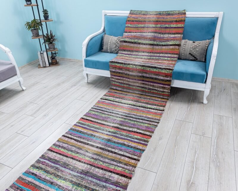 Vintage Rag Runner 3x18, Pastel runner Colorful modern striped, Turkish rag rugs, Extra Long Runner for Stair,Corridor, 2.9x17.9 foot