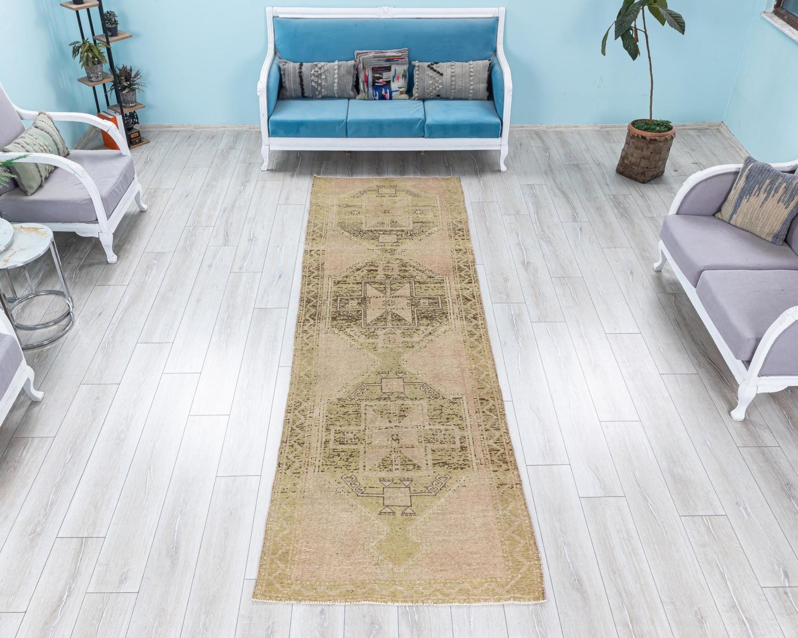 Muted Vintage Runner Rug for Kitchen,Entryway,Hallway, Soft Wool Faded Oriental Corridor Rug