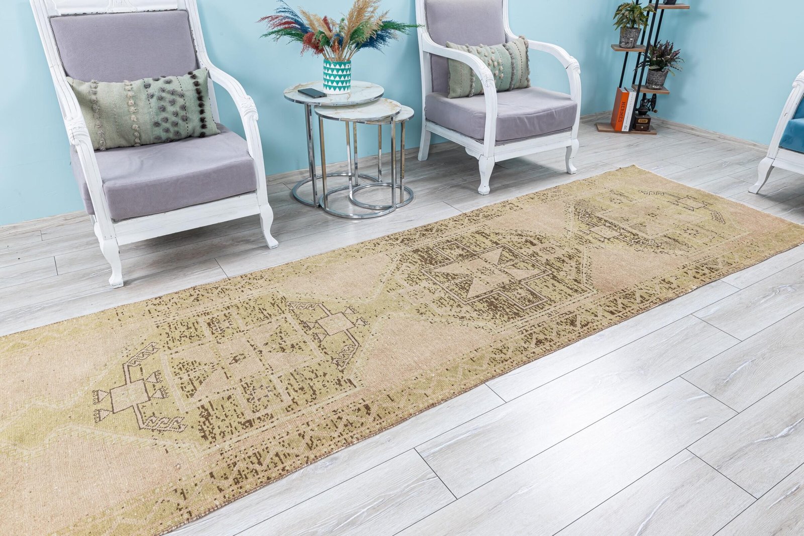 Muted Vintage Runner Rug for Kitchen,Entryway,Hallway, Soft Wool Faded Oriental Corridor Rug