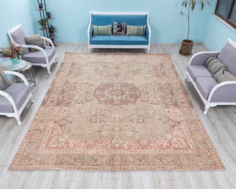 Oversize Pastel Rug Pink and Gray, 10x13 Vintage Low Pile Bohemian Rug