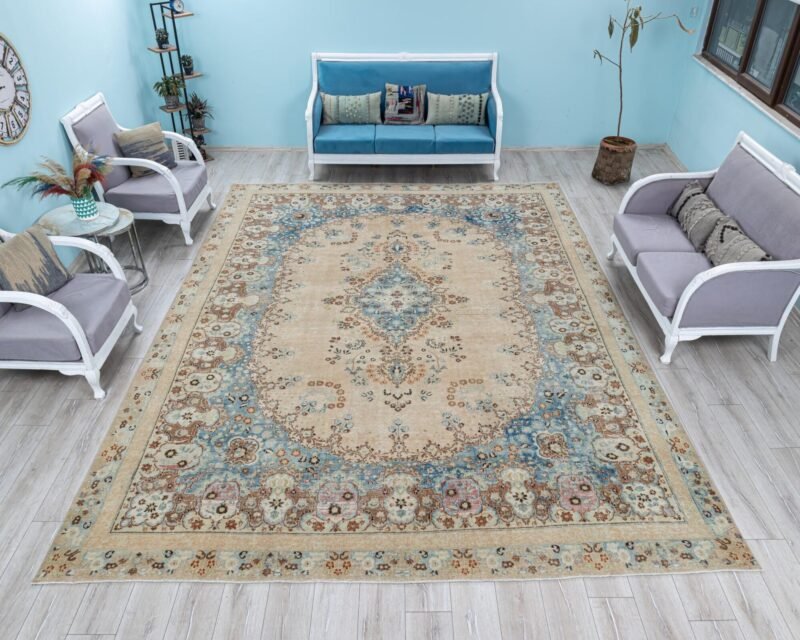 Oversized Vintage Rug 10x14, Primitive Extra Large Faded Medallion Bohemian Carpet