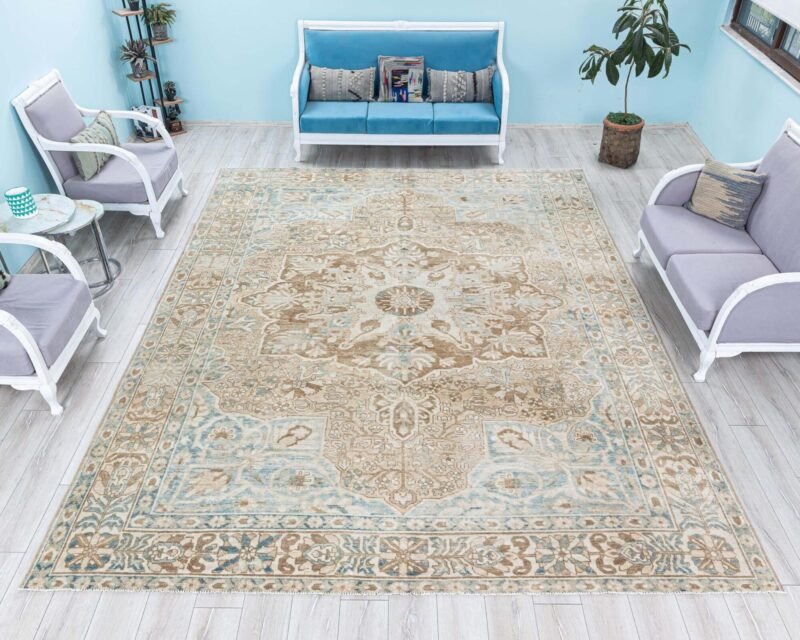 Faded Vintage Unique Area Rug, Turkish Oversize Muted Carpet, Low Pile Bohemian Antique