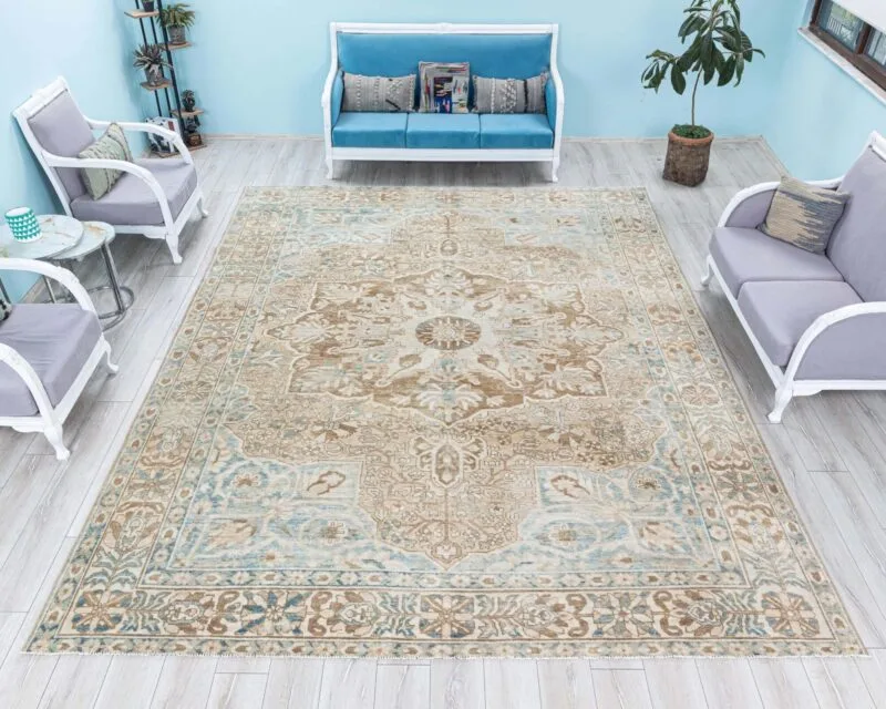Faded Vintage Unique Area Rug, Turkish Oversize Muted Carpet, Low Pile Bohemian Antique