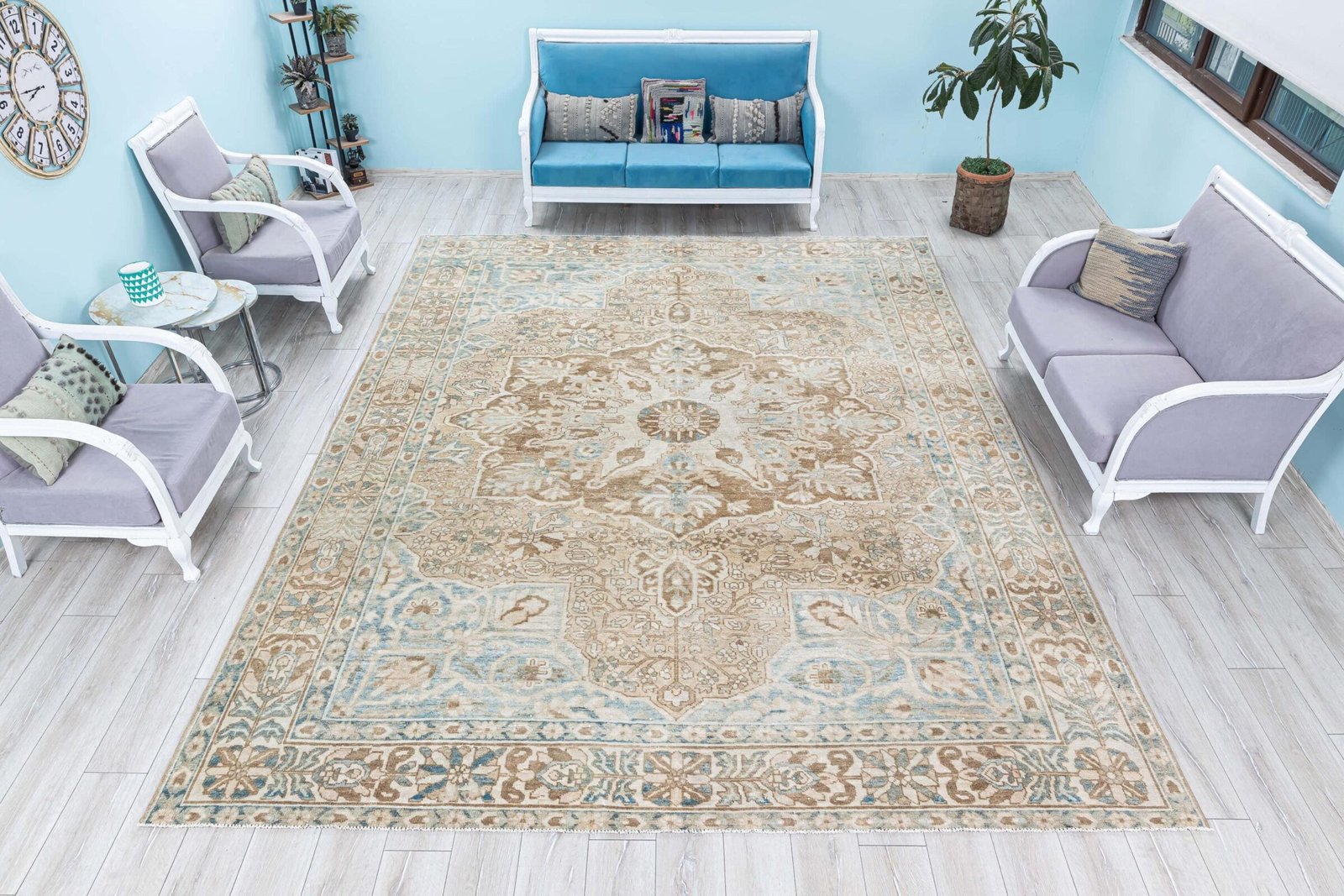 Faded Vintage Unique Area Rug, Turkish Oversize Muted Carpet, Low Pile Bohemian Antique
