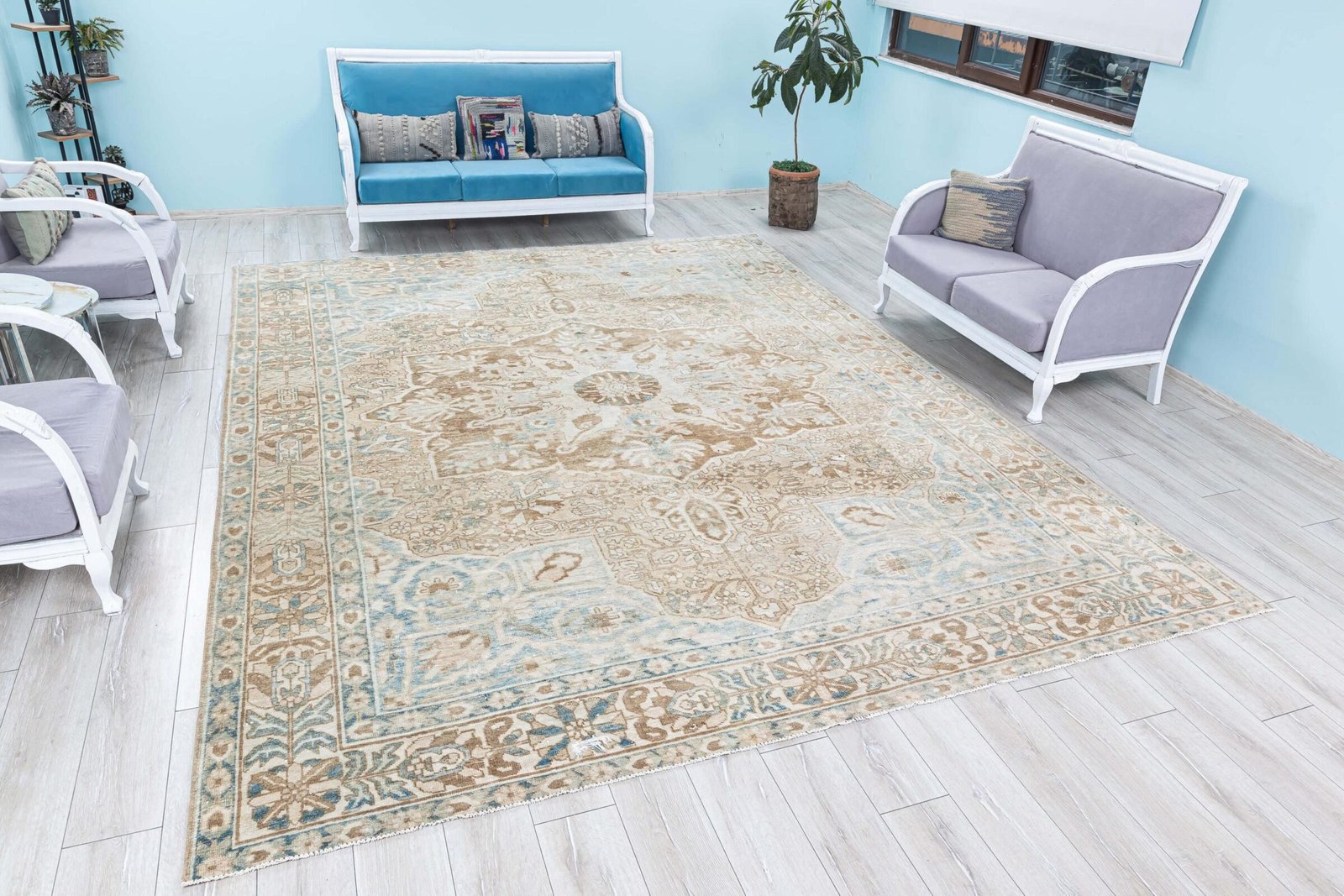 Faded Vintage Unique Area Rug, Turkish Oversize Muted Carpet, Low Pile Bohemian Antique