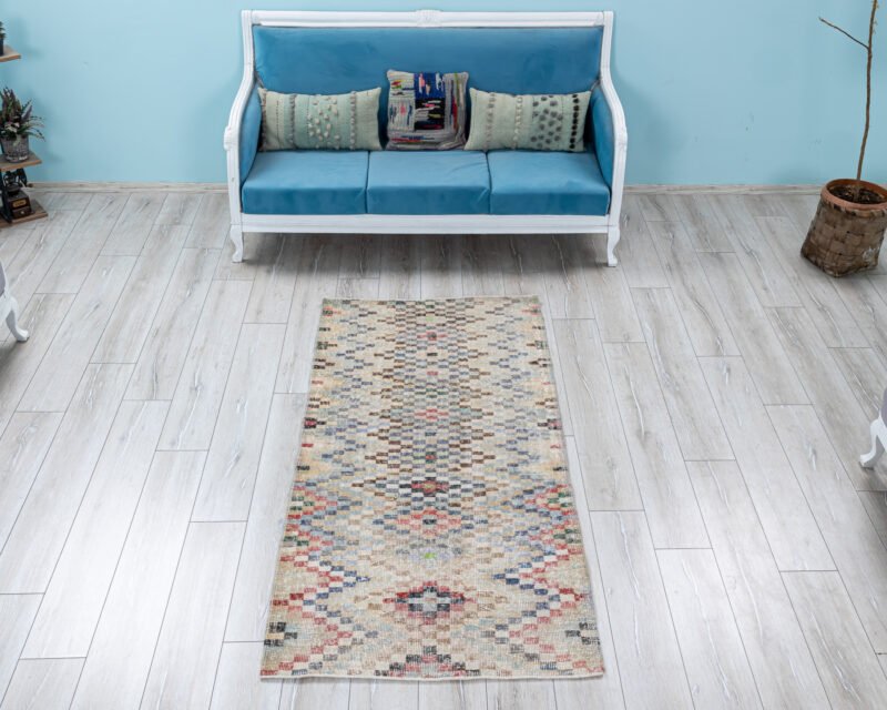 Vintage Turkish Runner 3.2x6.7 Soft Neutral Geometric Diamond Faded Boho Hallway Rug - detail view 18
