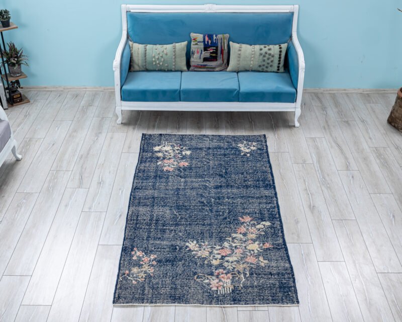 Vintage Turkish Wool Rug, 4x7 Blue Floral Entryway Rug - detail view 18