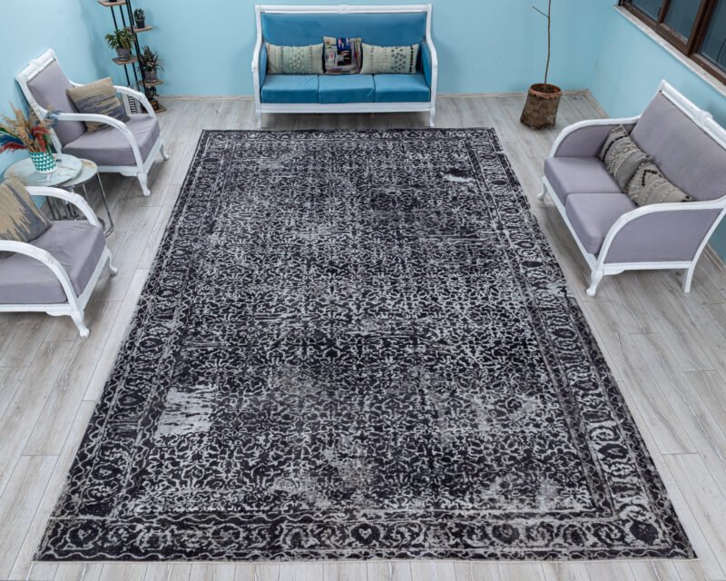 Black White Vintage Turkish Rug, Distressed Oriental Carpet, Extra Large Area Rug, 14.6x9.6 ft - detail view 2